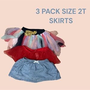 3 PACK SIZE 2T SKIRTS.  BLUE HAS BUILT IN DIAPER COVER, EACH WORN ONCE